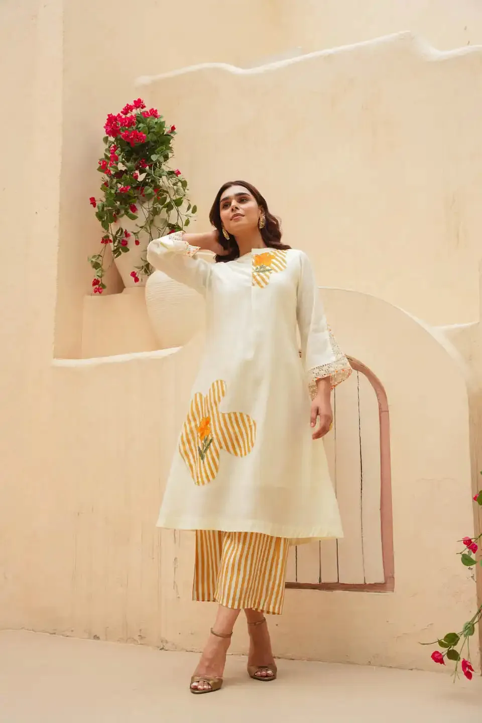 OFF-WHITE CO-ORD SET WITH FLORAL PATCHWORK AND STRIPED PALAZZO