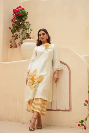 OFF-WHITE CO-ORD SET WITH FLORAL PATCHWORK AND STRIPED PALAZZO