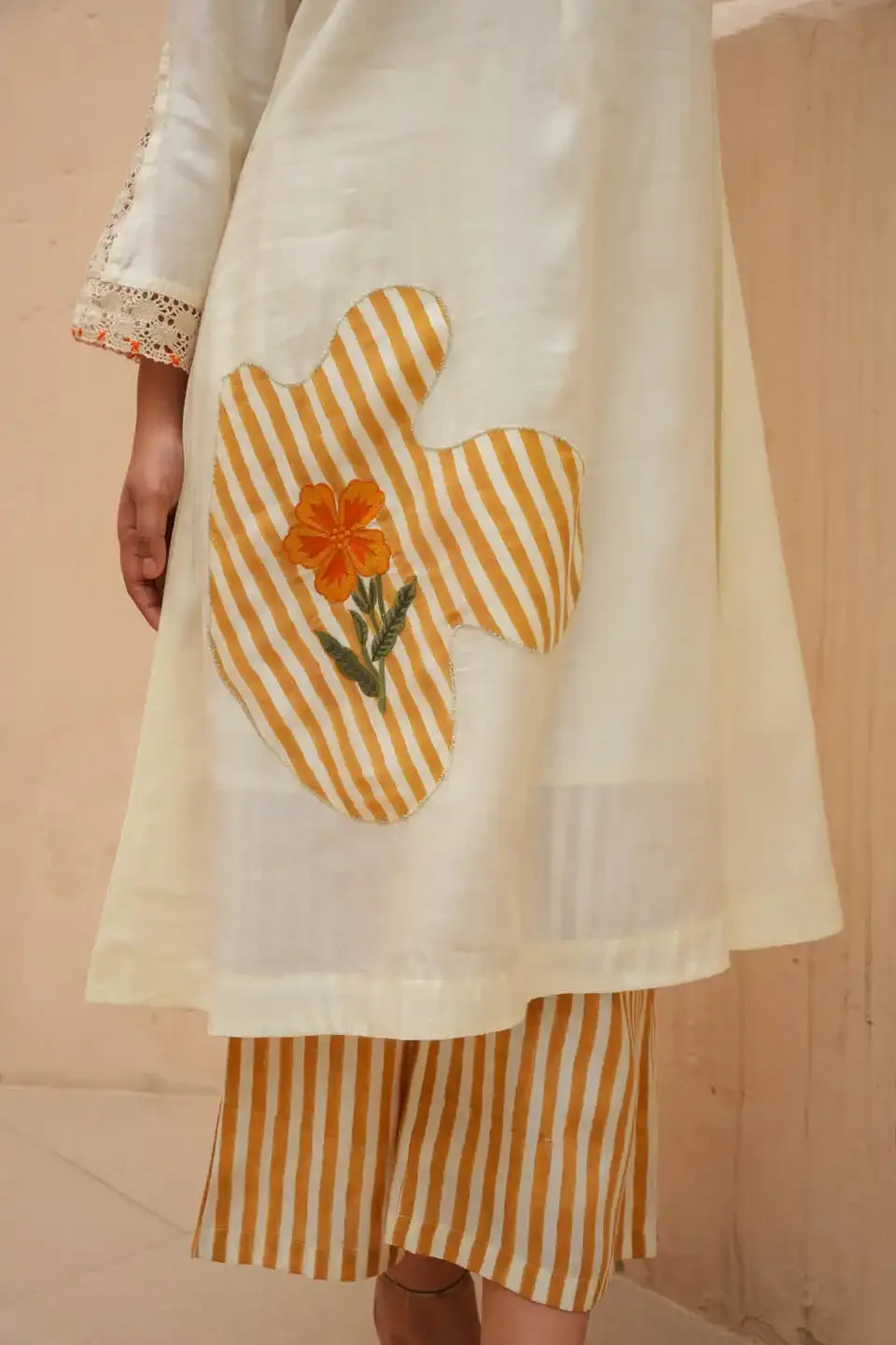 OFF-WHITE CO-ORD SET WITH FLORAL PATCHWORK AND STRIPED PALAZZO