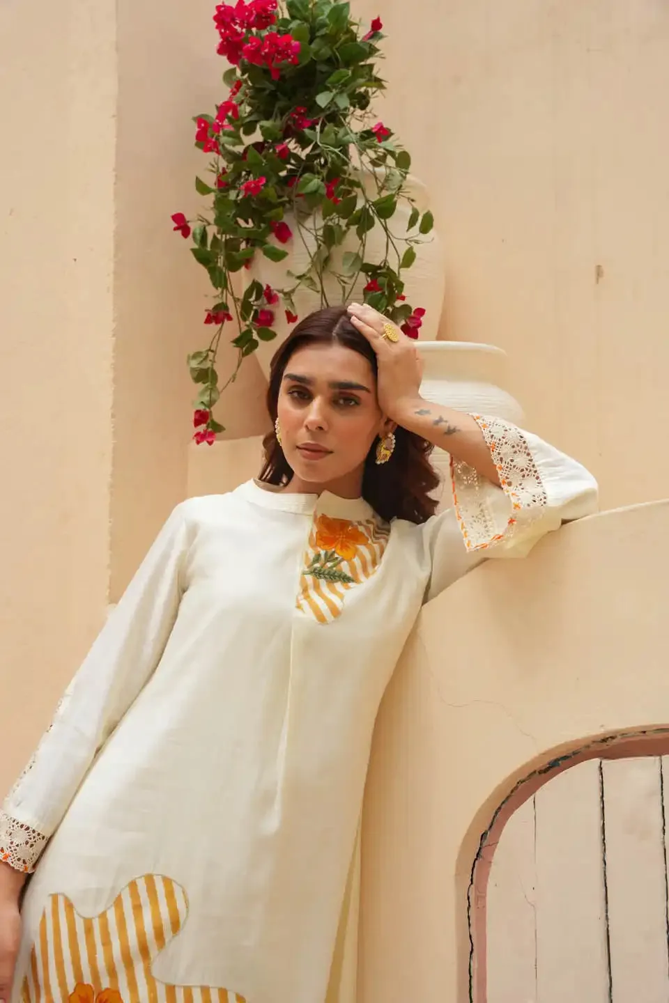 OFF-WHITE CO-ORD SET WITH FLORAL PATCHWORK AND STRIPED PALAZZO