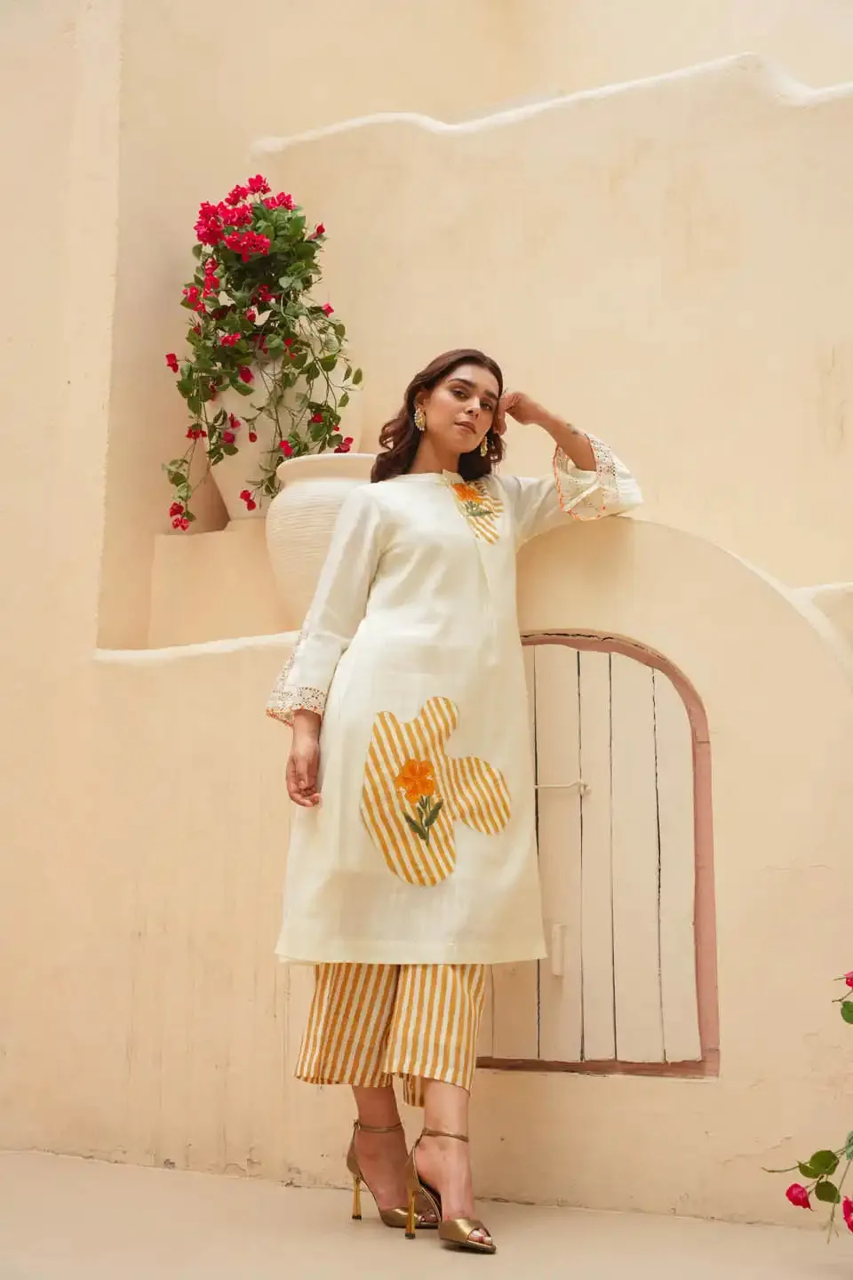 OFF-WHITE CO-ORD SET WITH FLORAL PATCHWORK AND STRIPED PALAZZO