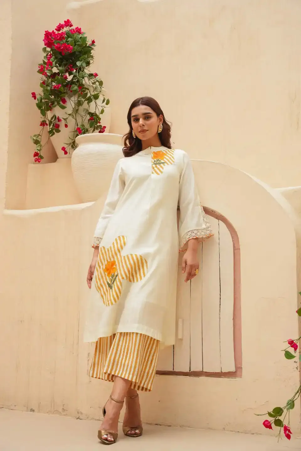 OFF-WHITE CO-ORD SET WITH FLORAL PATCHWORK AND STRIPED PALAZZO