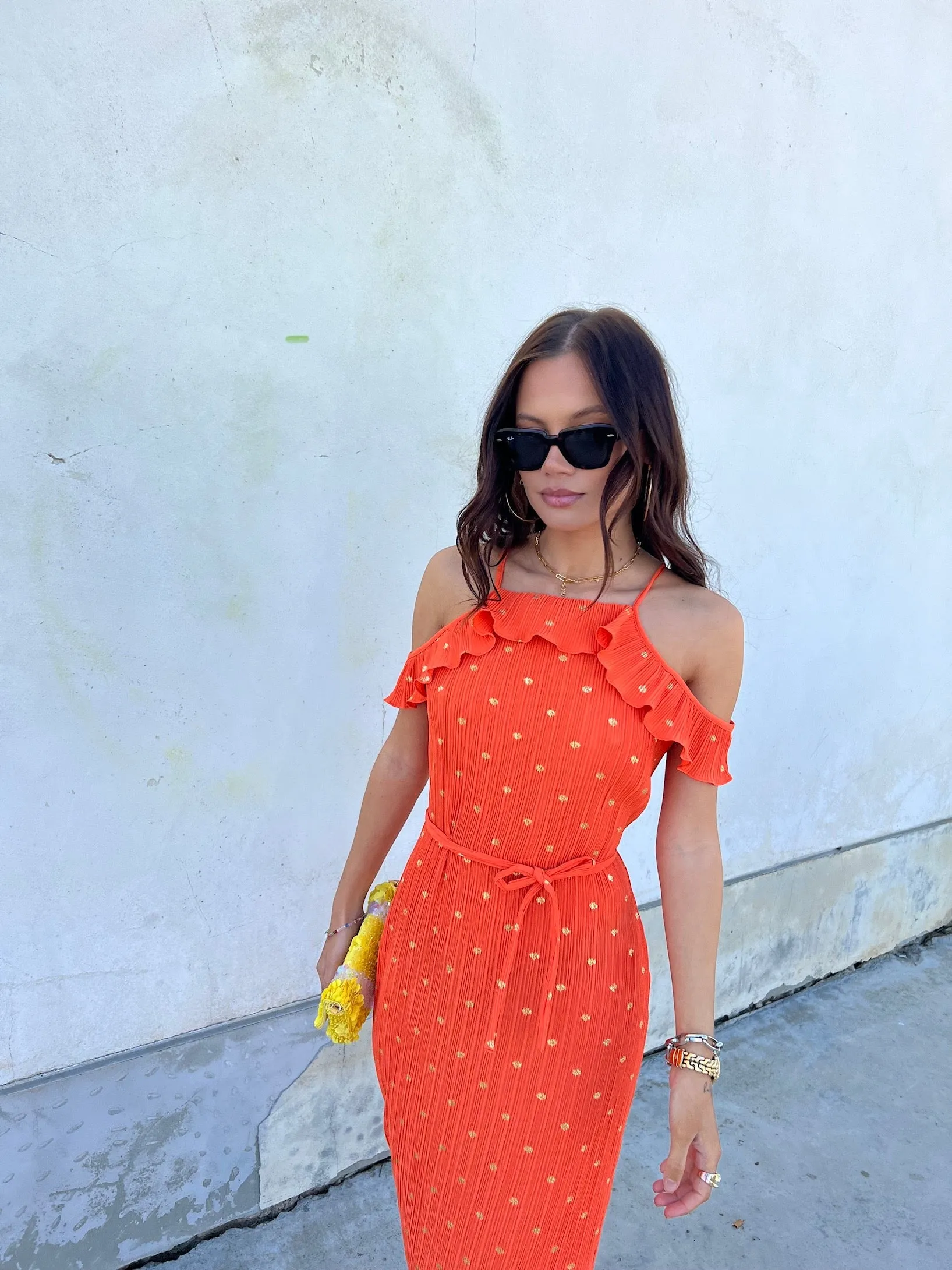 Orange Plisse Dress with Gold Fleck