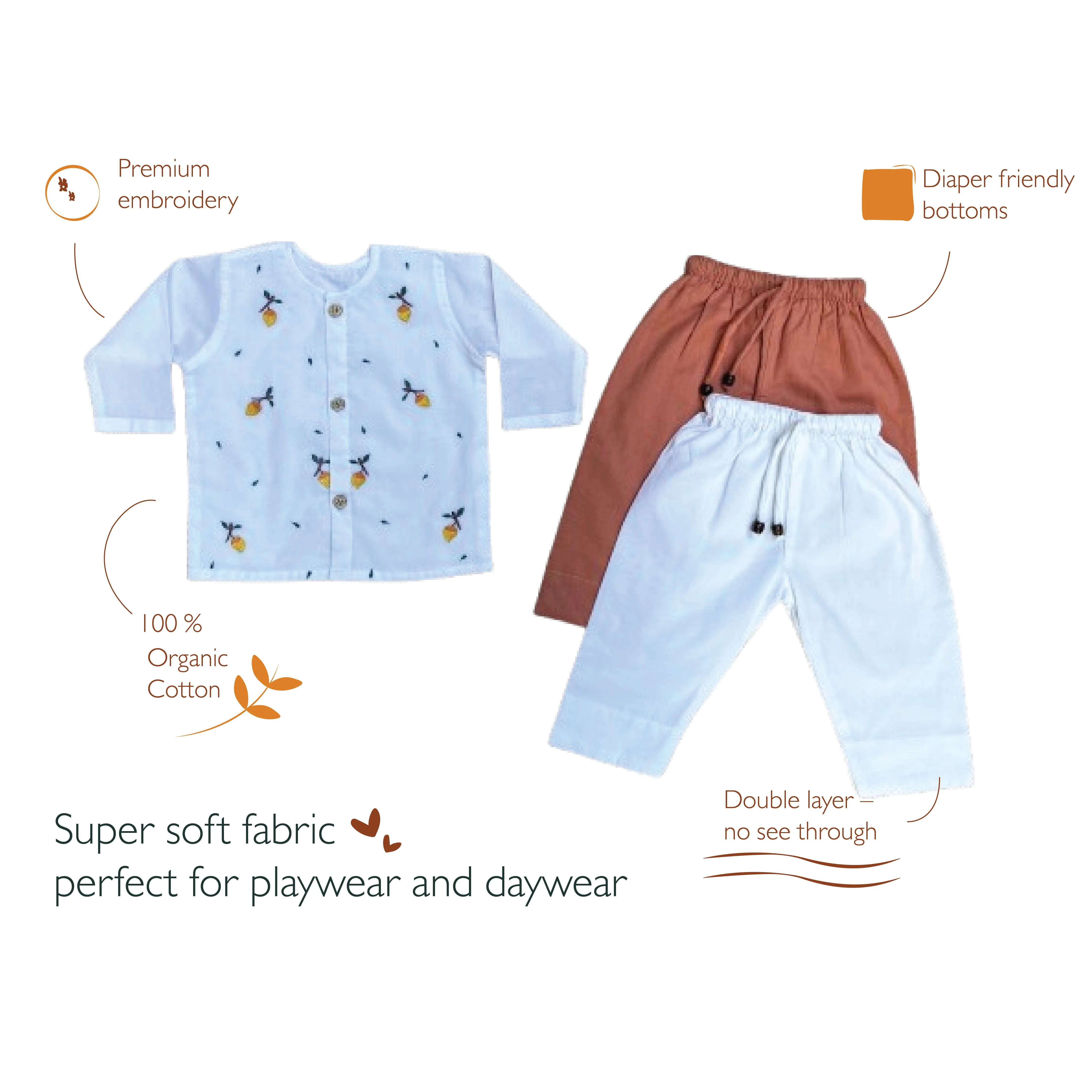 Organic Cotton Full Sleeves Jhabla with Two Pyjamas- Mango