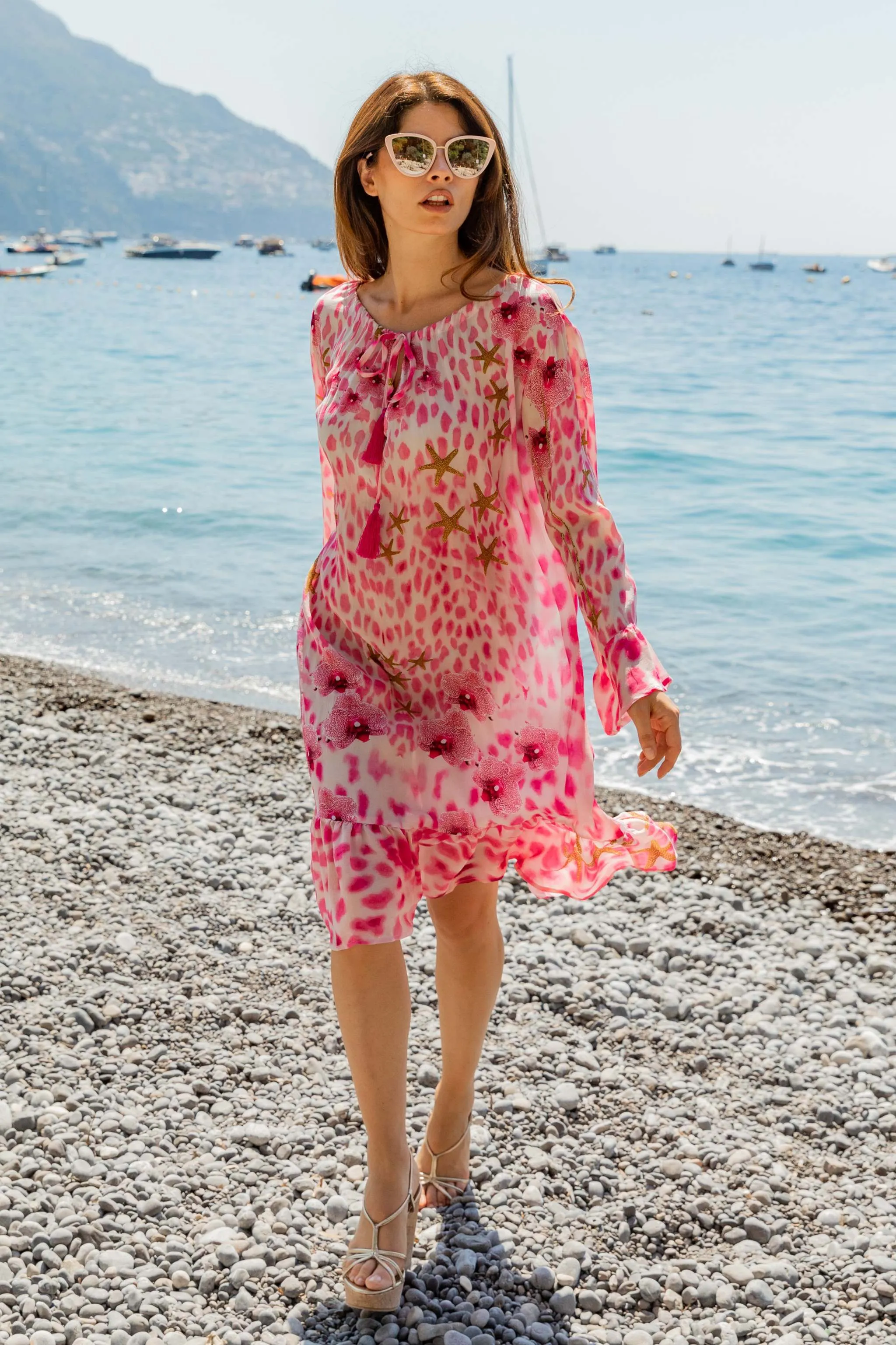 Pink Plus Size Animal Print Silk Knee Length Dress