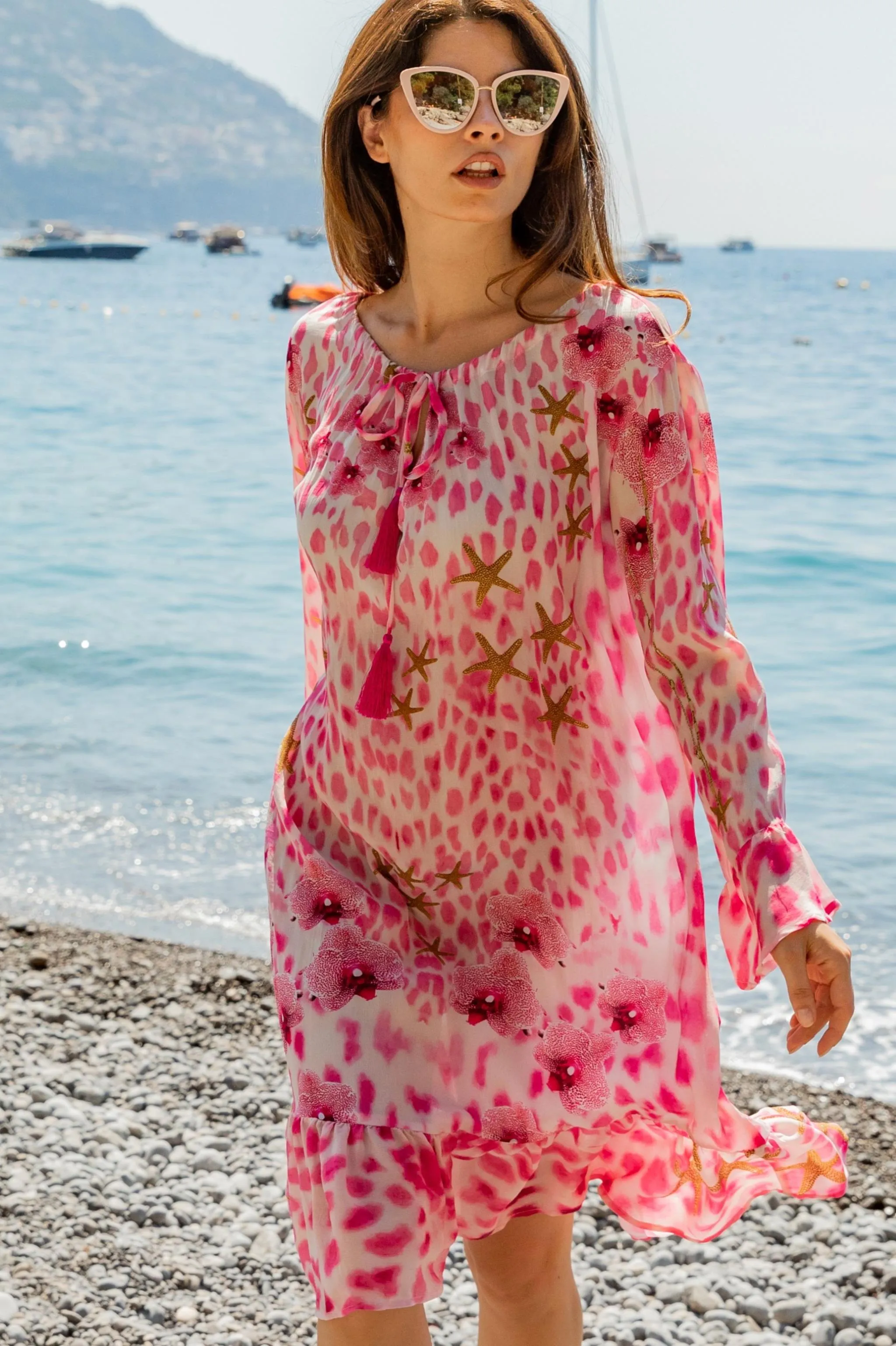 Pink Plus Size Animal Print Silk Knee Length Dress