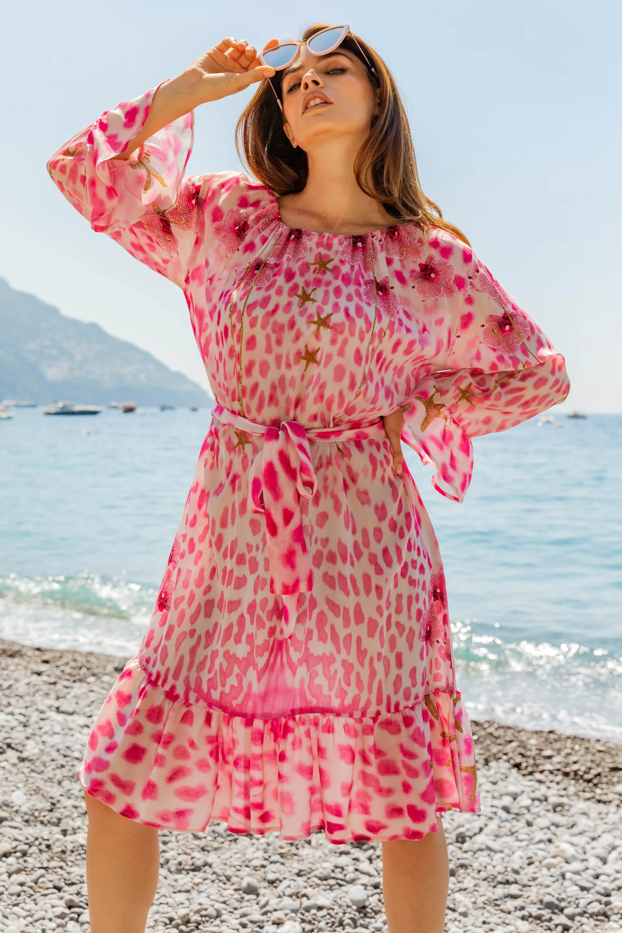 Pink Plus Size Animal Print Silk Knee Length Dress