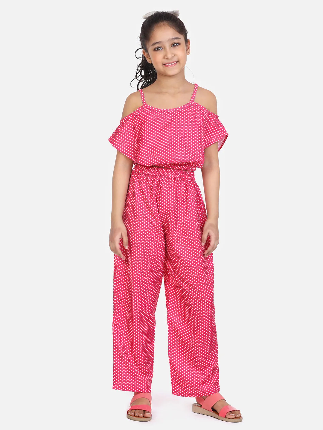 Pink Polka Off Shoulder Coordinated Pant Set