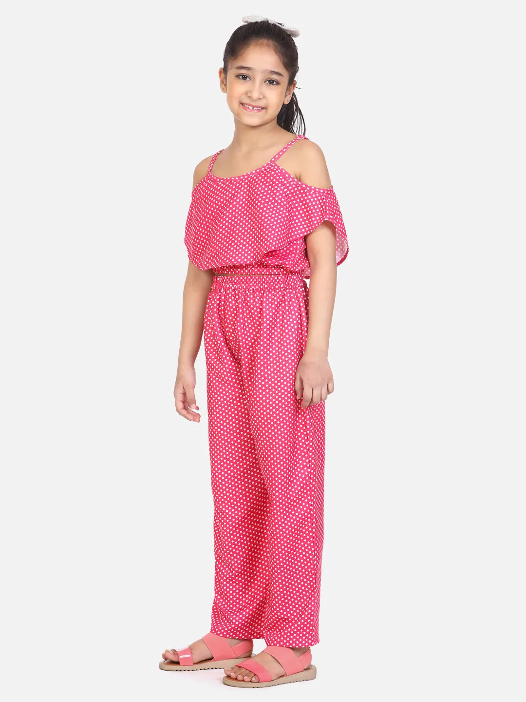 Pink Polka Off Shoulder Coordinated Pant Set