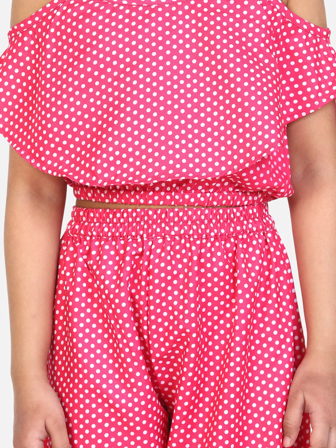 Pink Polka Off Shoulder Coordinated Pant Set