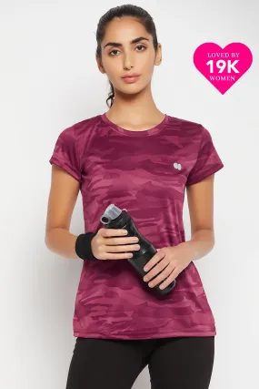 Plum Colour Polyester & Spandex Camouflage Print T-Shirt