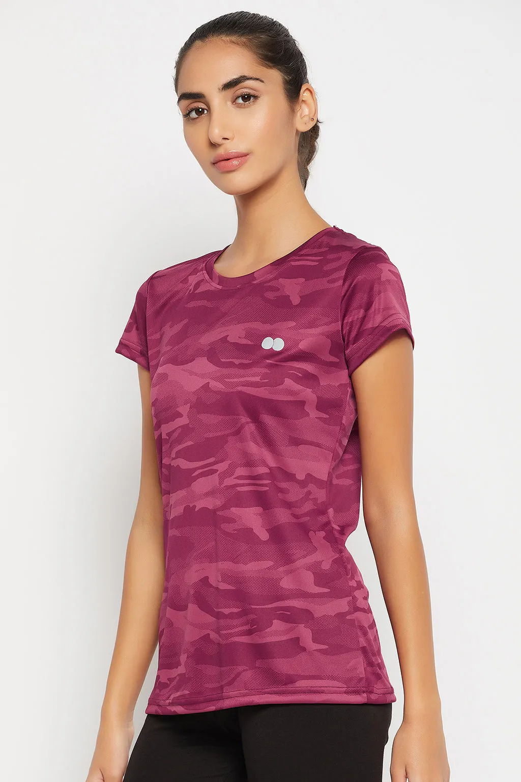 Plum Colour Polyester & Spandex Camouflage Print T-Shirt
