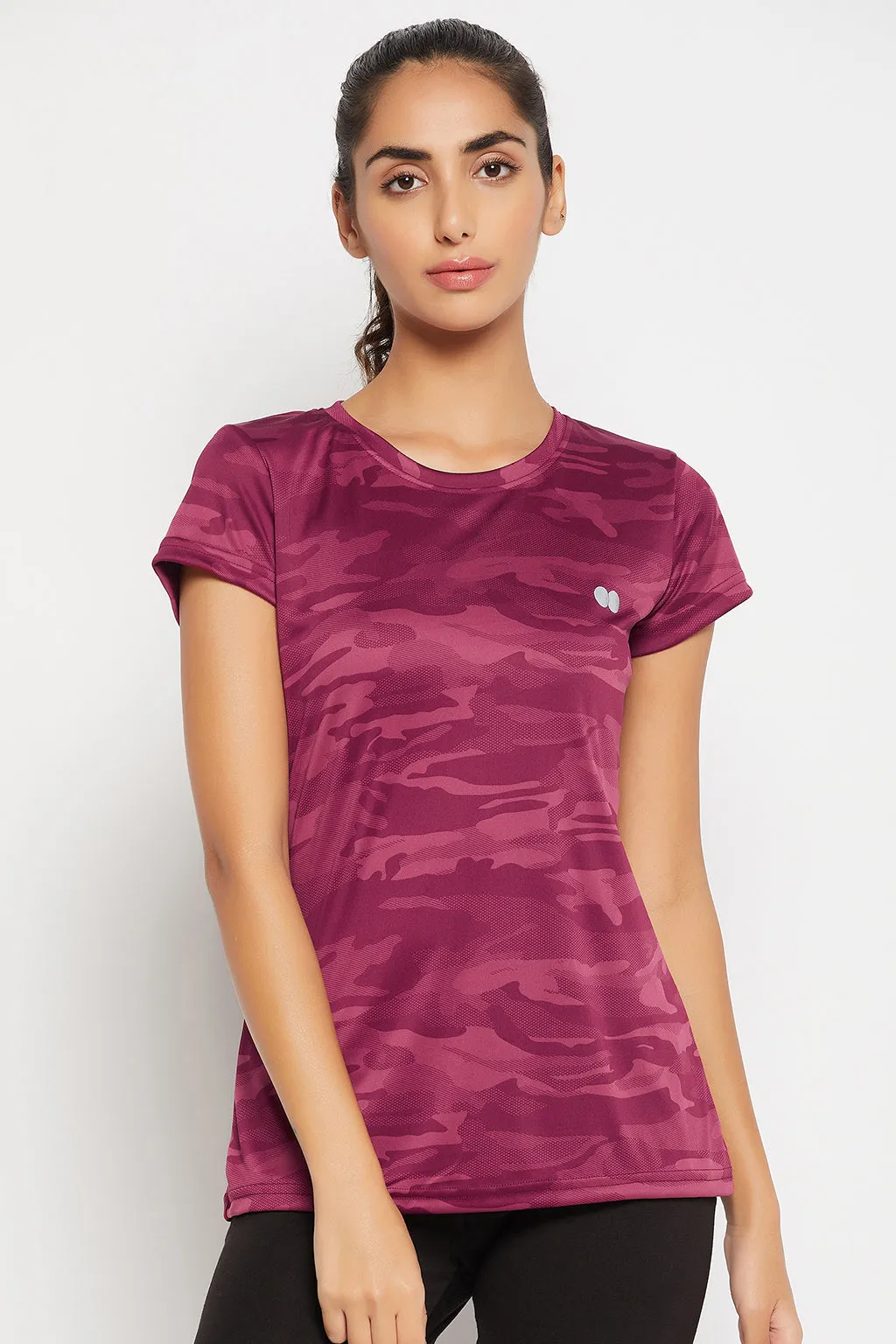 Plum Colour Polyester & Spandex Camouflage Print T-Shirt