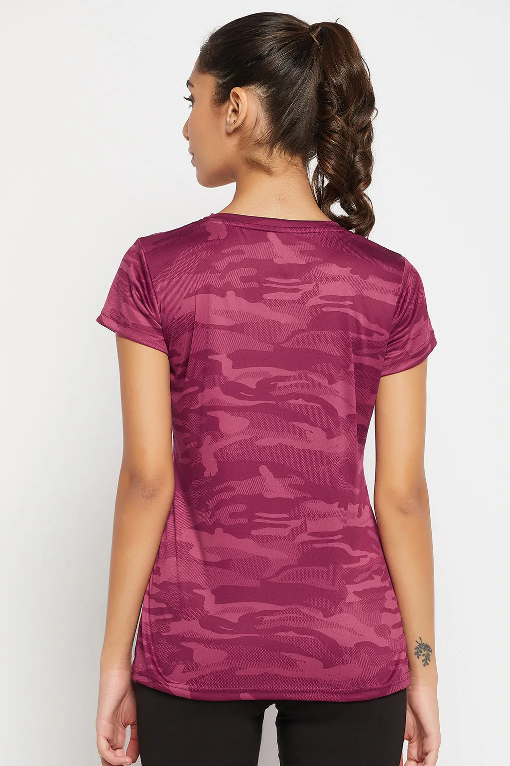Plum Colour Polyester & Spandex Camouflage Print T-Shirt