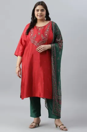 Plus Size Red Glitter Printed Festive kurta With Green Slim Pants And Printed Dupatta