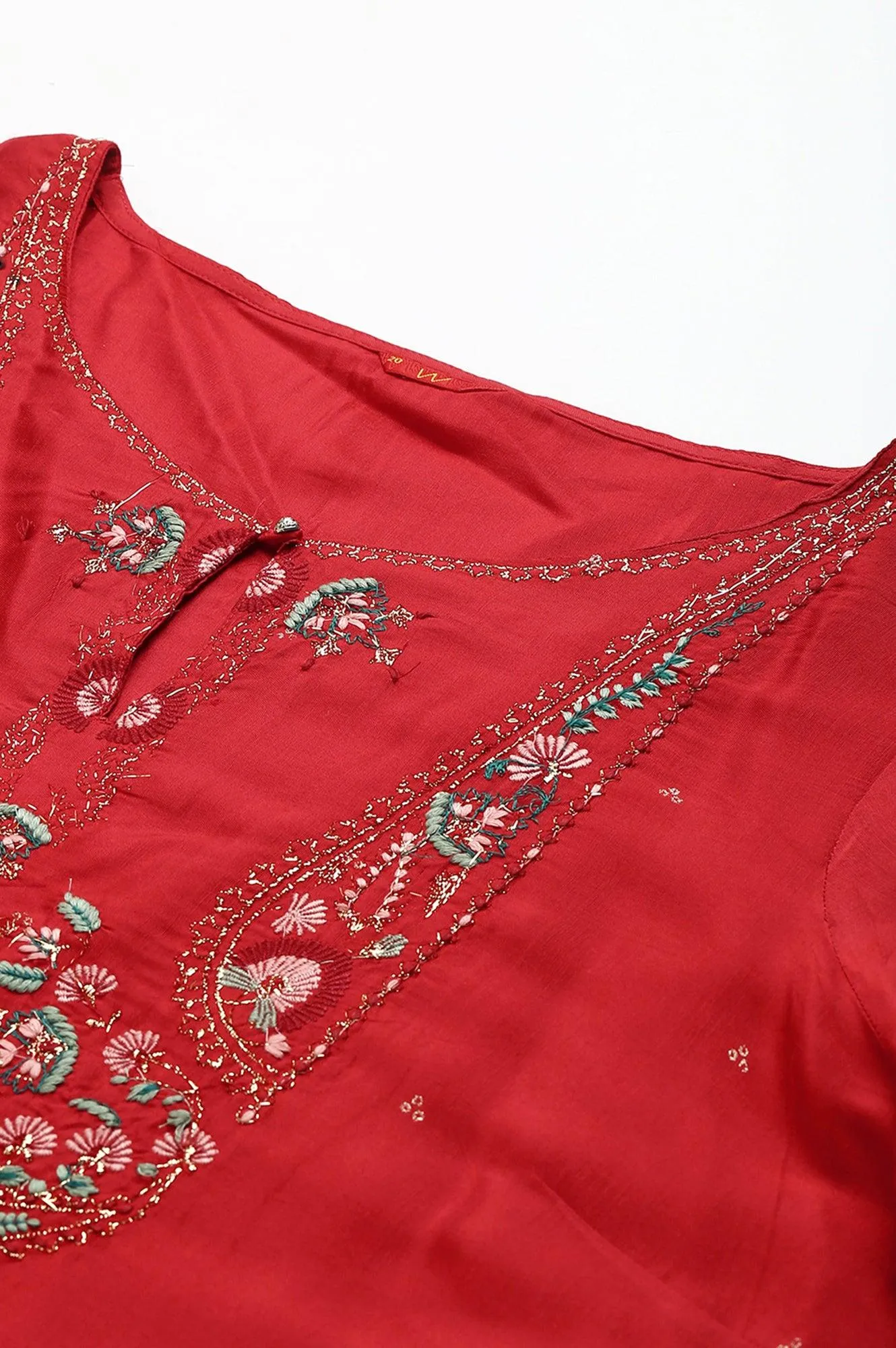 Plus Size Red Glitter Printed Festive kurta With Green Slim Pants And Printed Dupatta