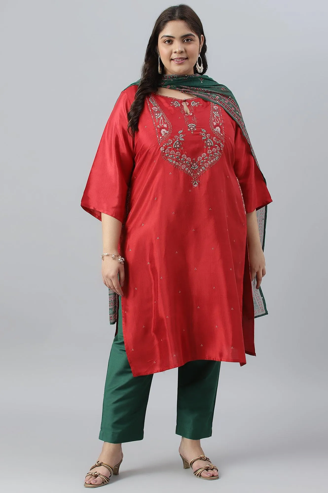 Plus Size Red Glitter Printed Festive kurta With Green Slim Pants And Printed Dupatta