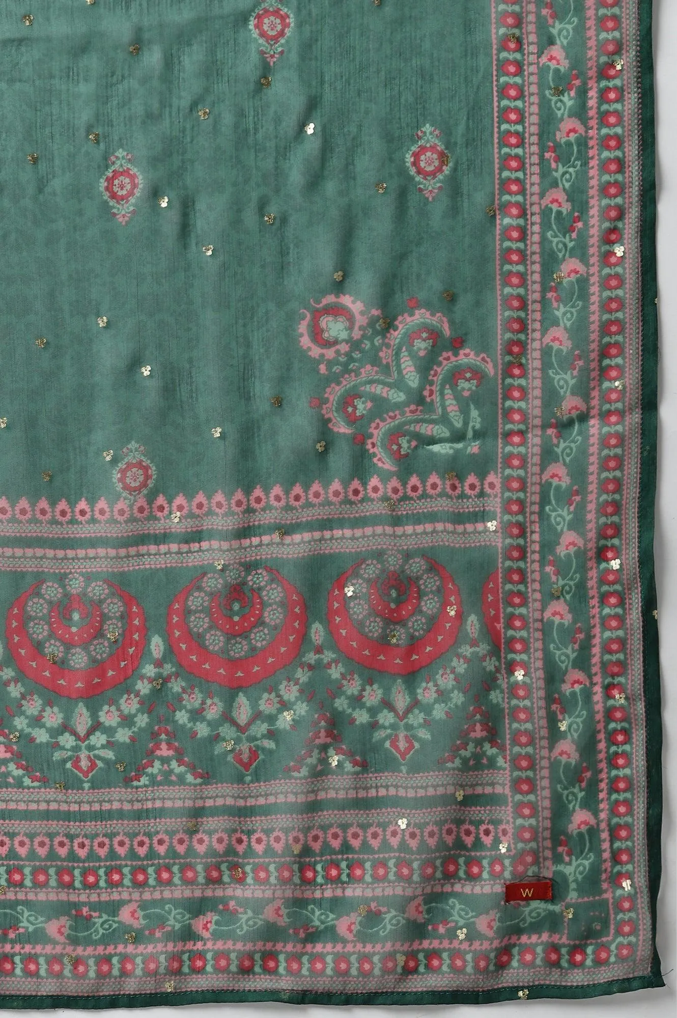 Plus Size Red Glitter Printed Festive kurta With Green Slim Pants And Printed Dupatta