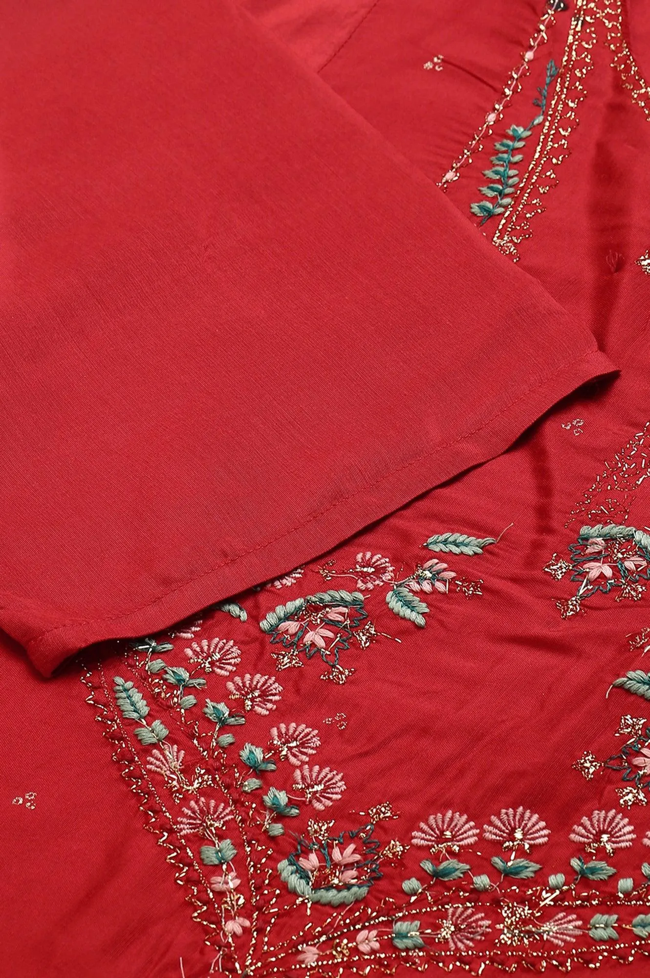 Plus Size Red Glitter Printed Festive kurta With Green Slim Pants And Printed Dupatta