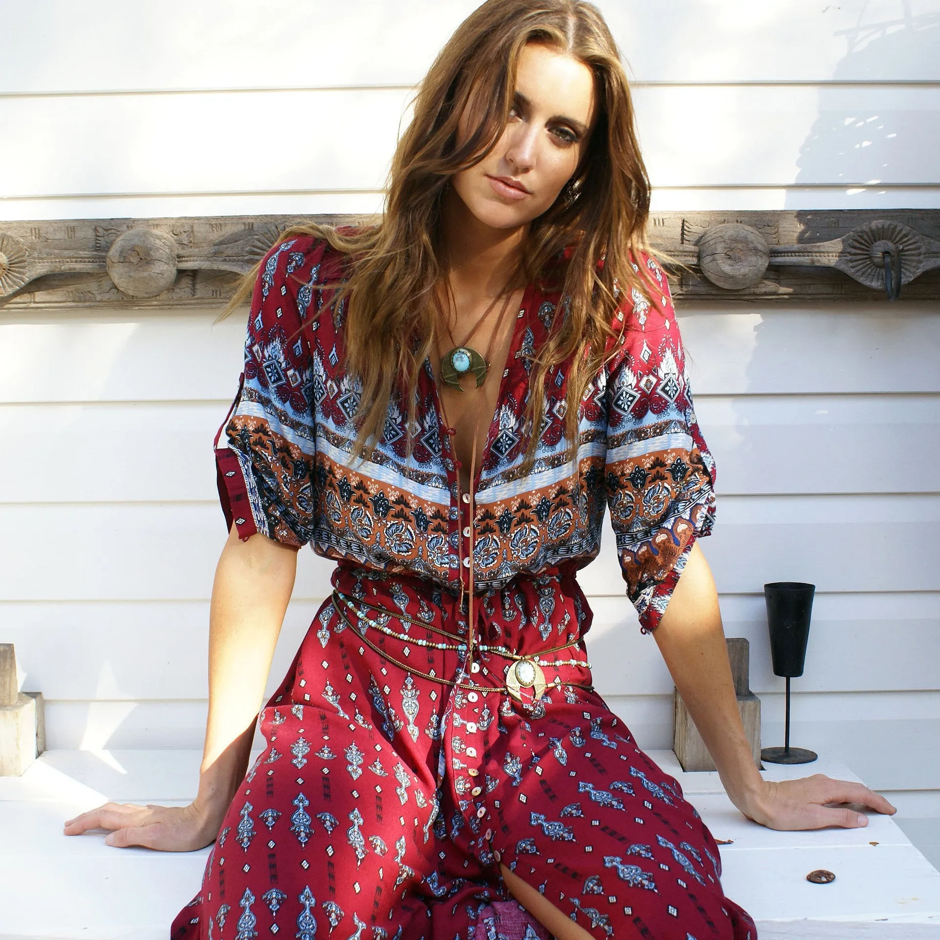 Print 3/4 Sleeves Bohemian Beach Dress