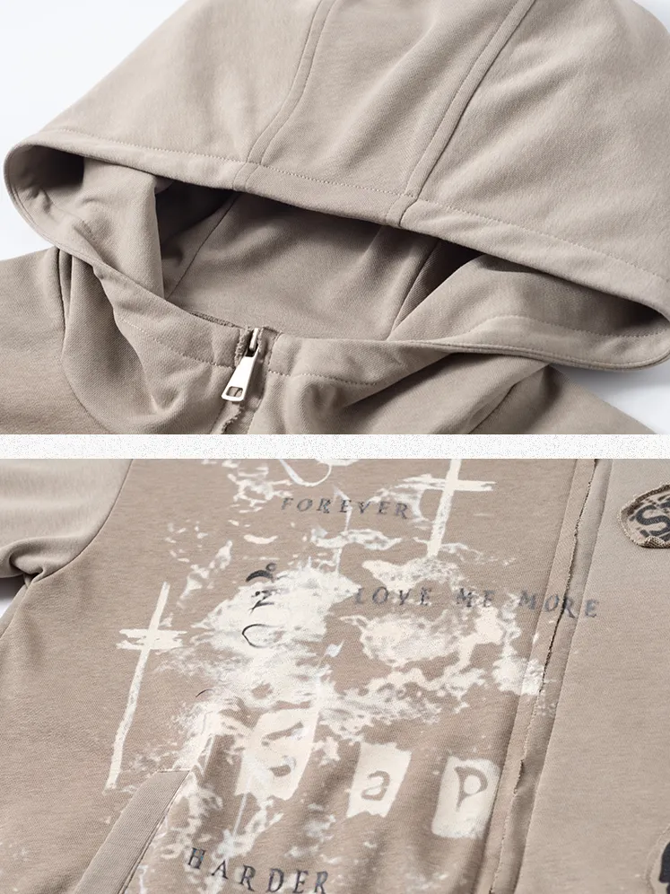 Print Collage Design Gray Loose Hooded Parka