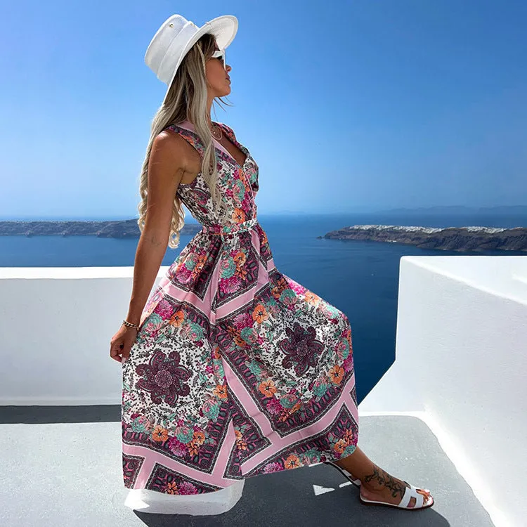 Printed Bohemian Sleeveless Tie Dress Wholesale Dresses