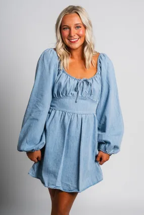 Puff sleeve denim dress light denim