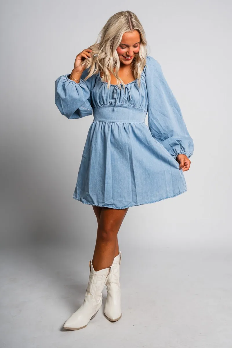 Puff sleeve denim dress light denim