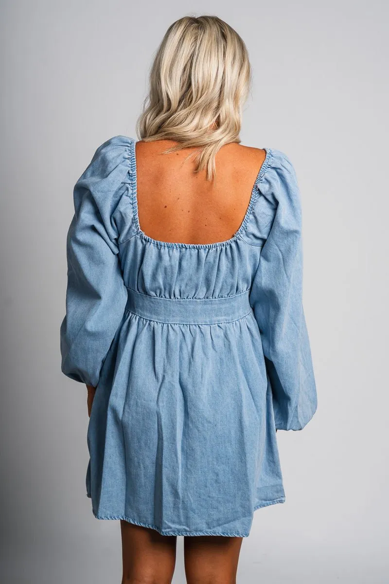 Puff sleeve denim dress light denim