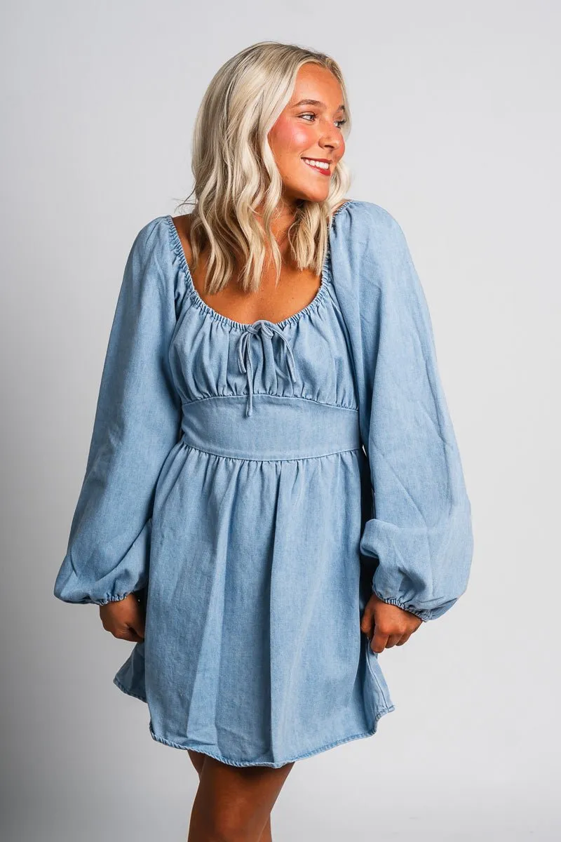 Puff sleeve denim dress light denim