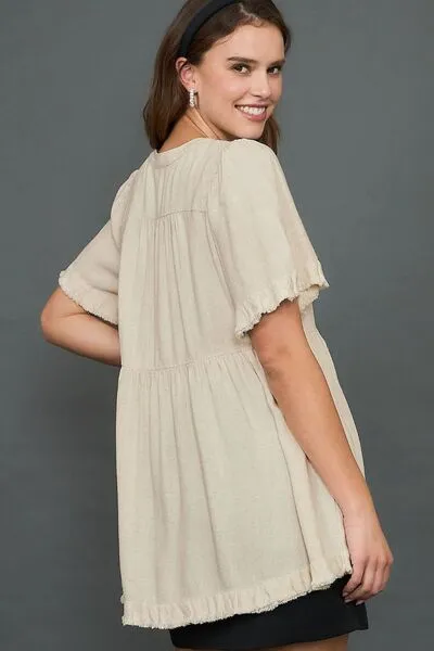 Raw Hem Notched Babydoll Linen Blouse