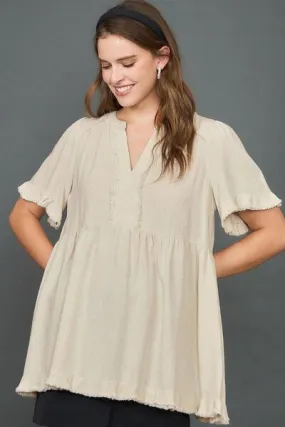 Raw Hem Notched Babydoll Linen Blouse