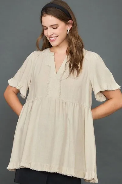 Raw Hem Notched Babydoll Linen Blouse