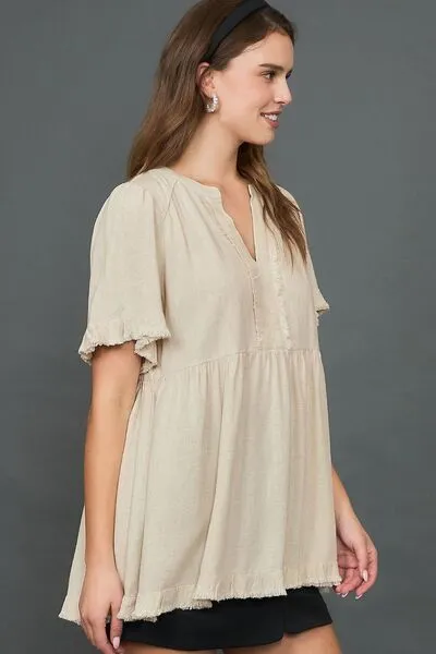 Raw Hem Notched Babydoll Linen Blouse