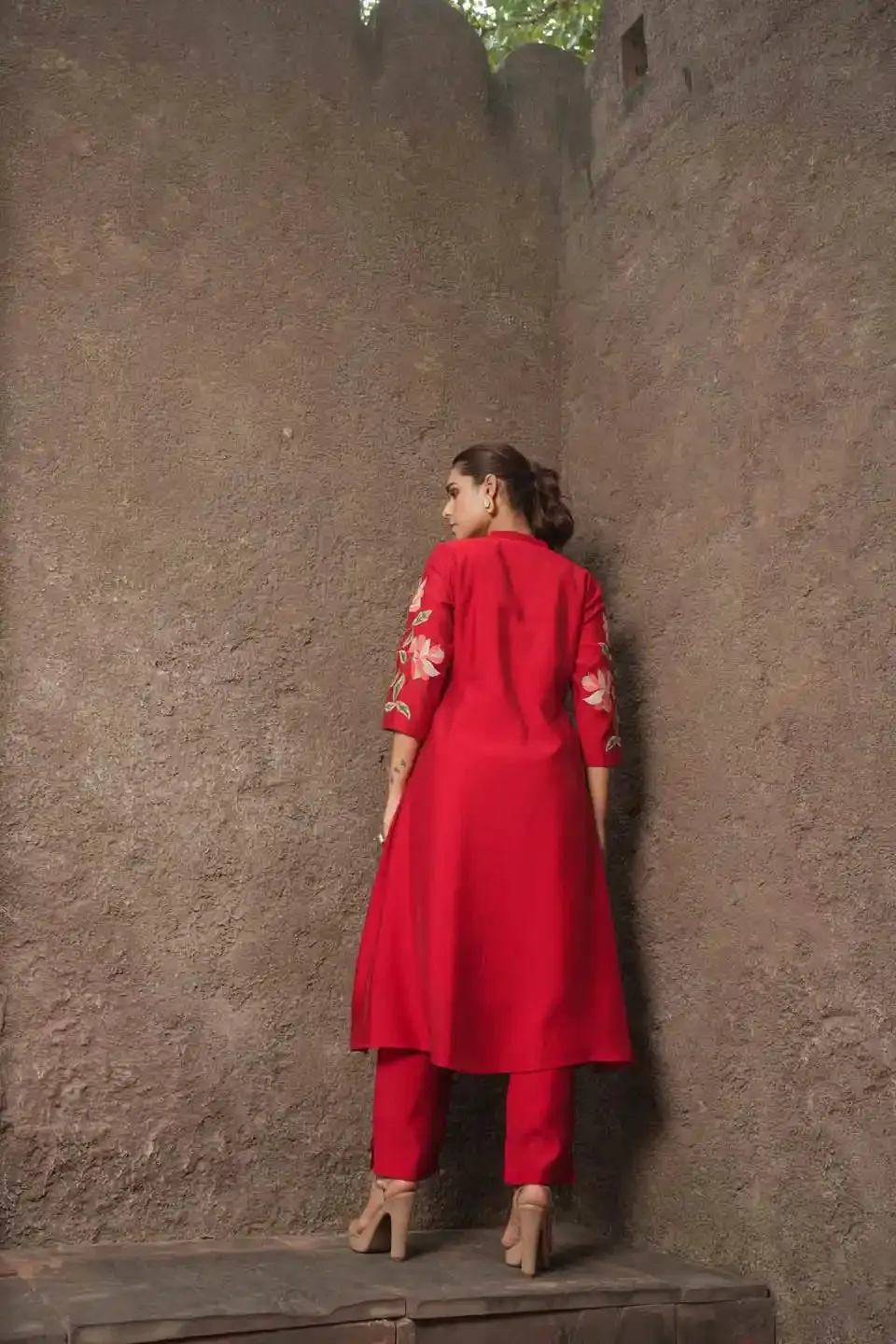 RED FLORAL EMBROIDERED FLARED CO-ORD SET FOR WOMEN