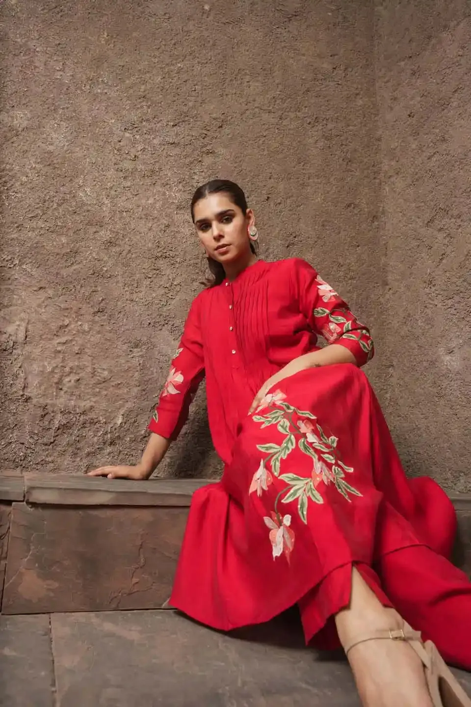 RED FLORAL EMBROIDERED FLARED CO-ORD SET FOR WOMEN