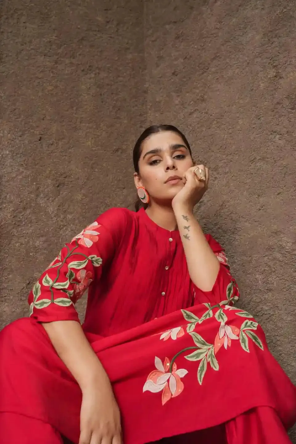 RED FLORAL EMBROIDERED FLARED CO-ORD SET FOR WOMEN