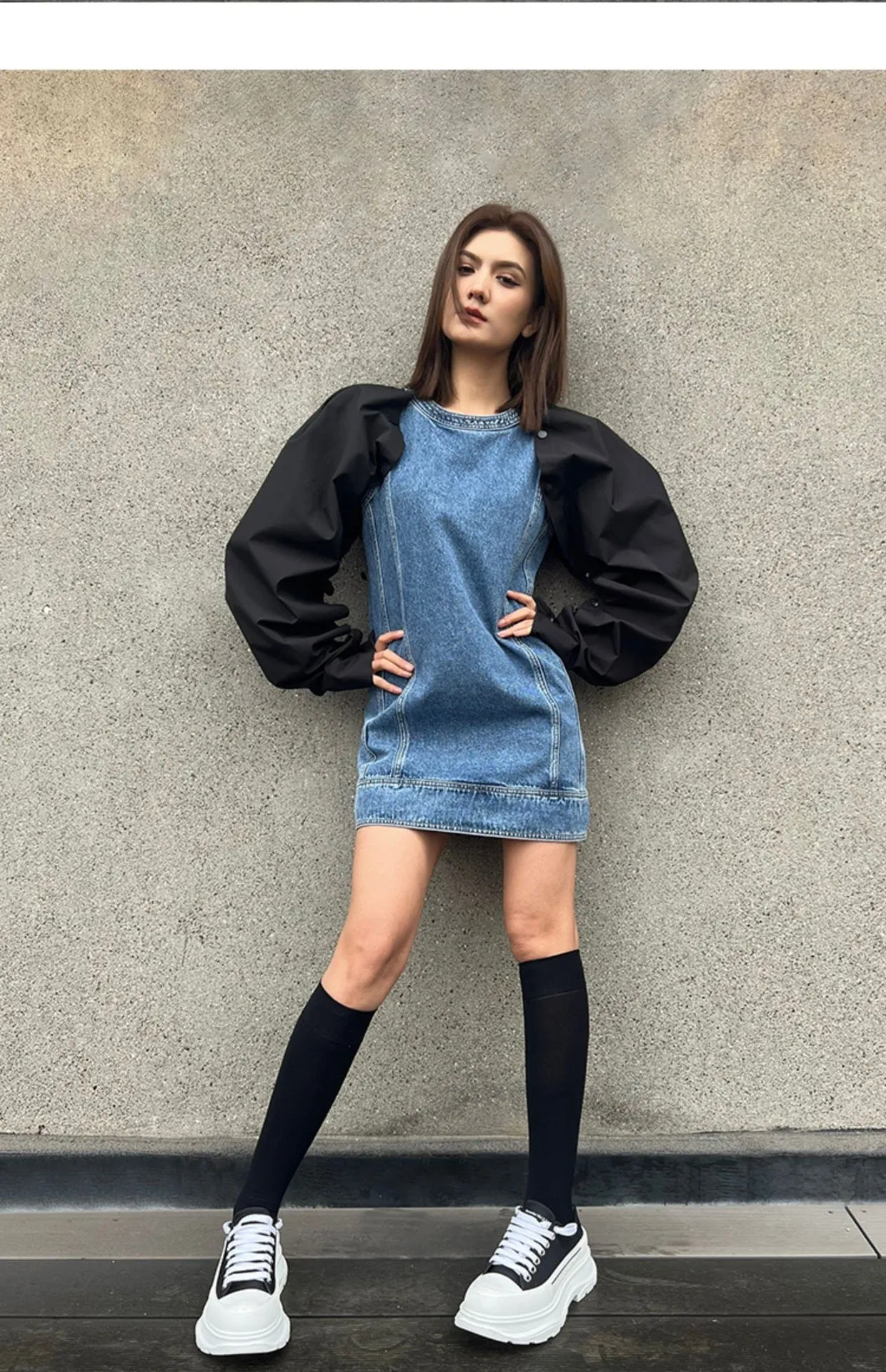 Round Neck Denim Patchwork Contrast Piled Sleeves Dress