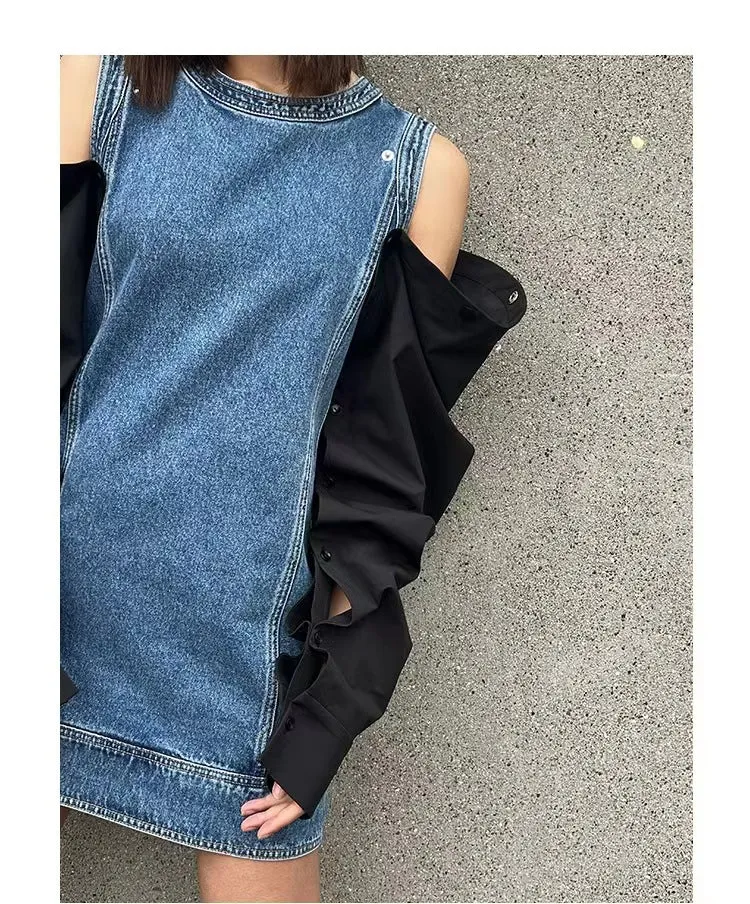 Round Neck Denim Patchwork Contrast Piled Sleeves Dress