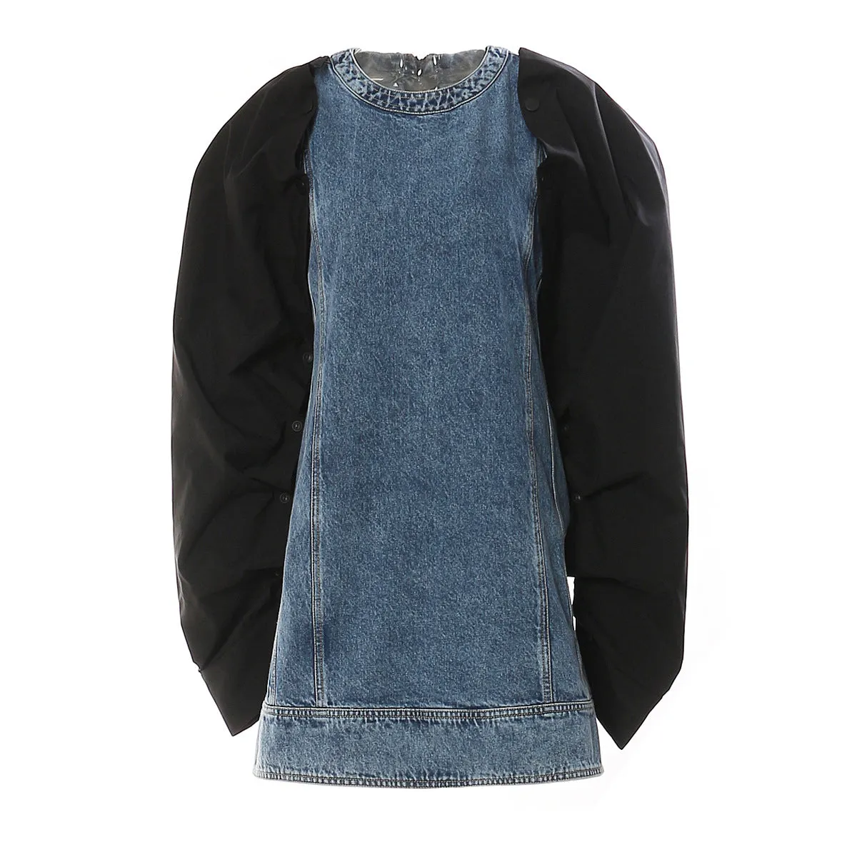 Round Neck Denim Patchwork Contrast Piled Sleeves Dress