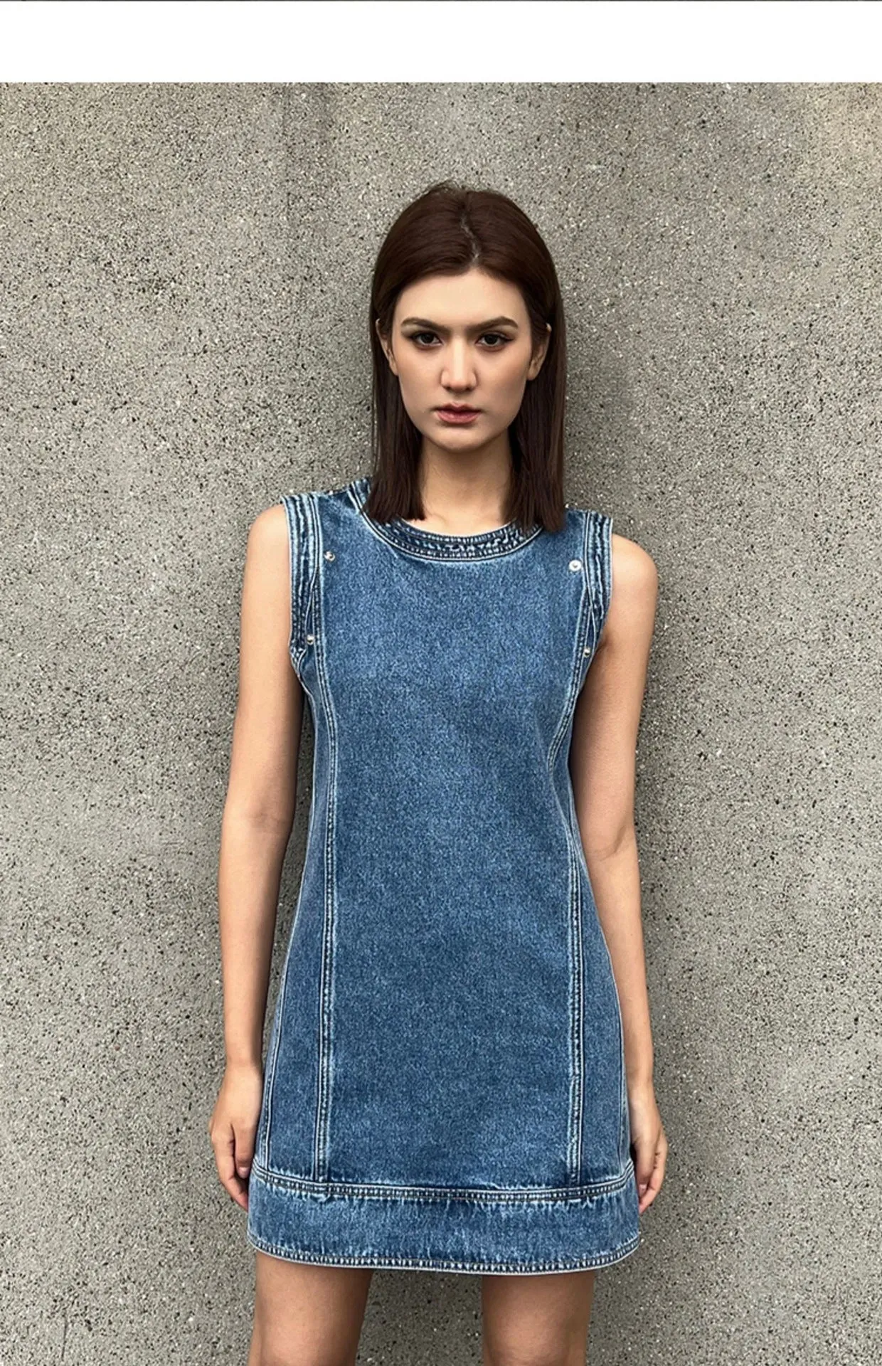 Round Neck Denim Patchwork Contrast Piled Sleeves Dress