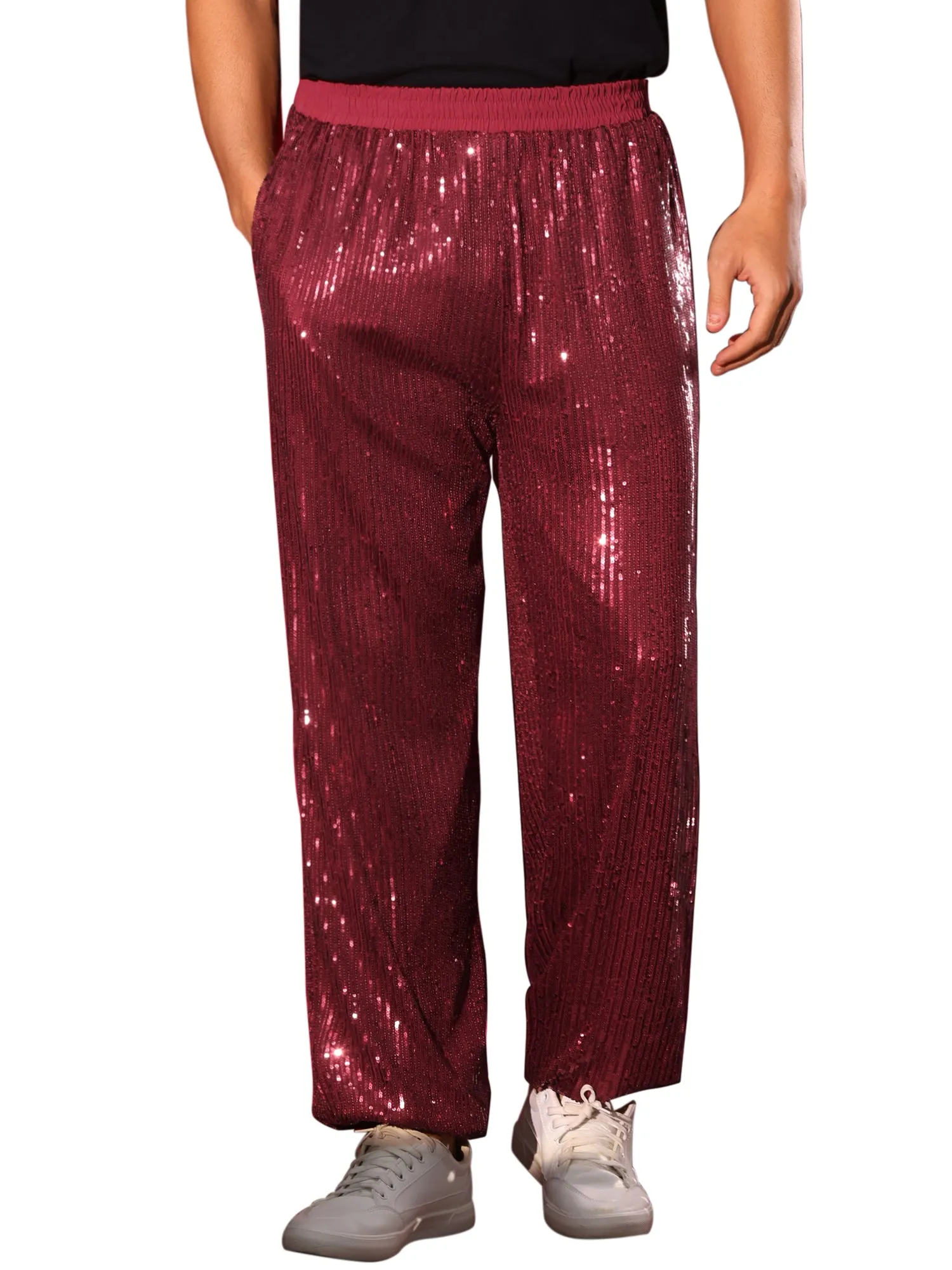 Sequin Pants for Men's Elastic Waist 70s Disco Costume Night Club Metallic Shiny Party Trousers