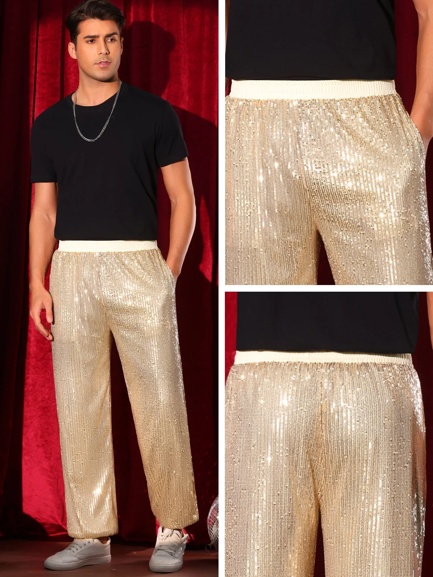Sequin Pants for Men's Elastic Waist 70s Disco Costume Night Club Metallic Shiny Party Trousers