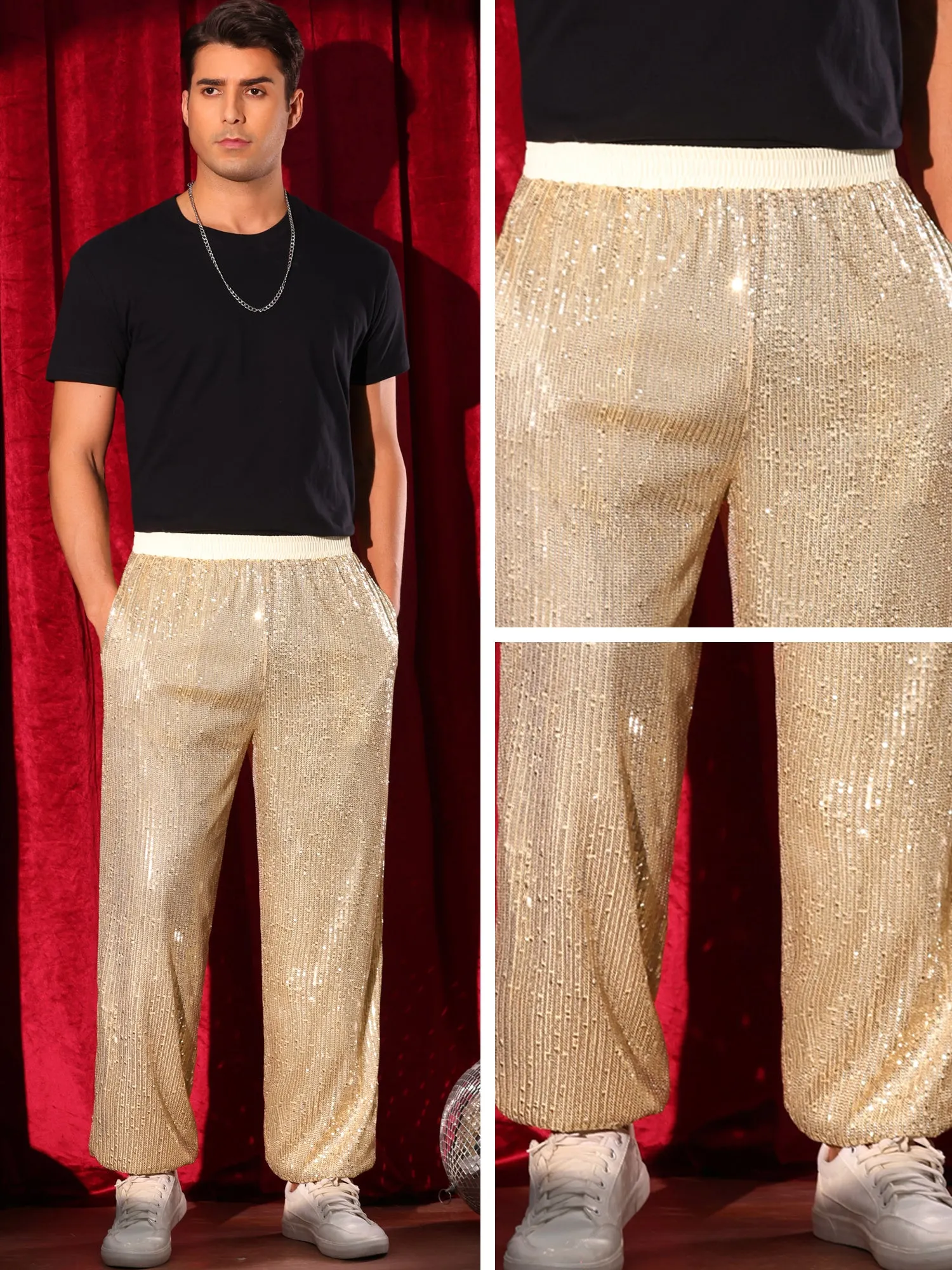 Sequin Pants for Men's Elastic Waist 70s Disco Costume Night Club Metallic Shiny Party Trousers