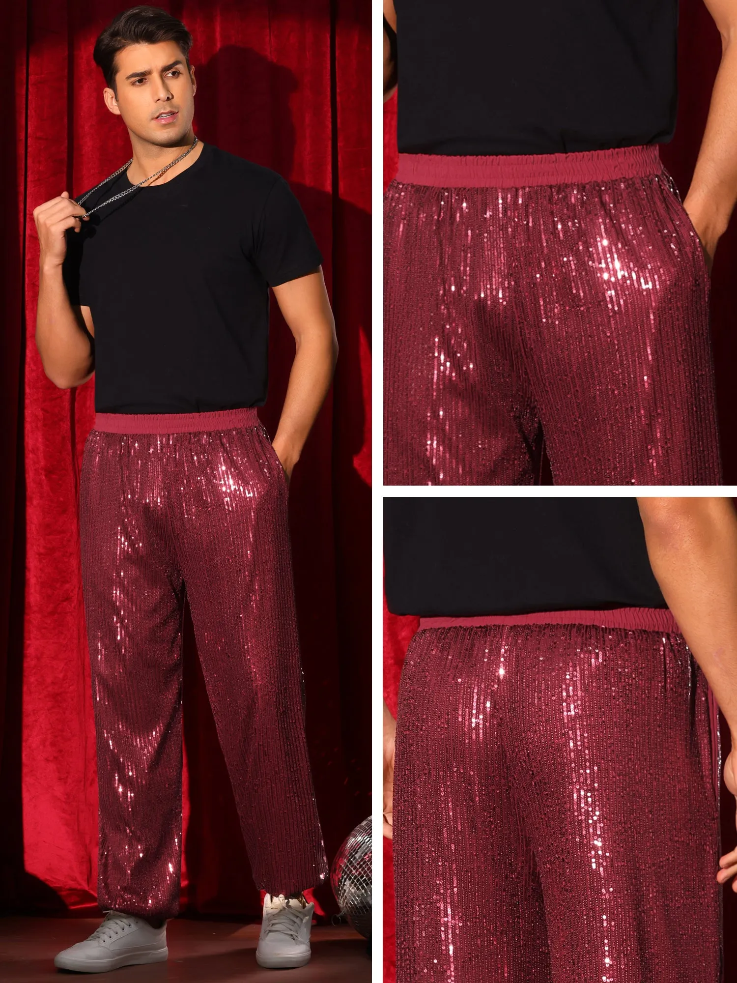 Sequin Pants for Men's Elastic Waist 70s Disco Costume Night Club Metallic Shiny Party Trousers