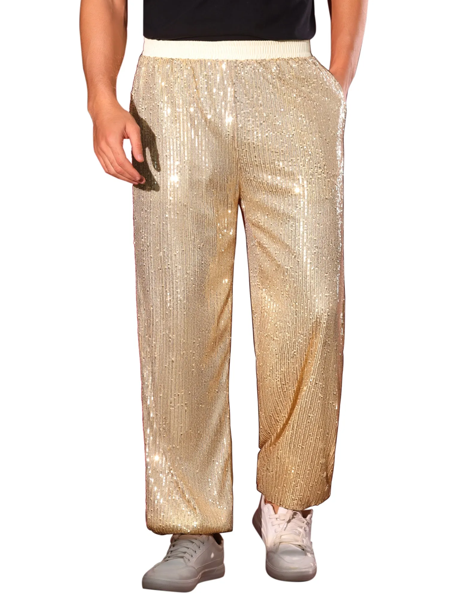 Sequin Pants for Men's Elastic Waist 70s Disco Costume Night Club Metallic Shiny Party Trousers