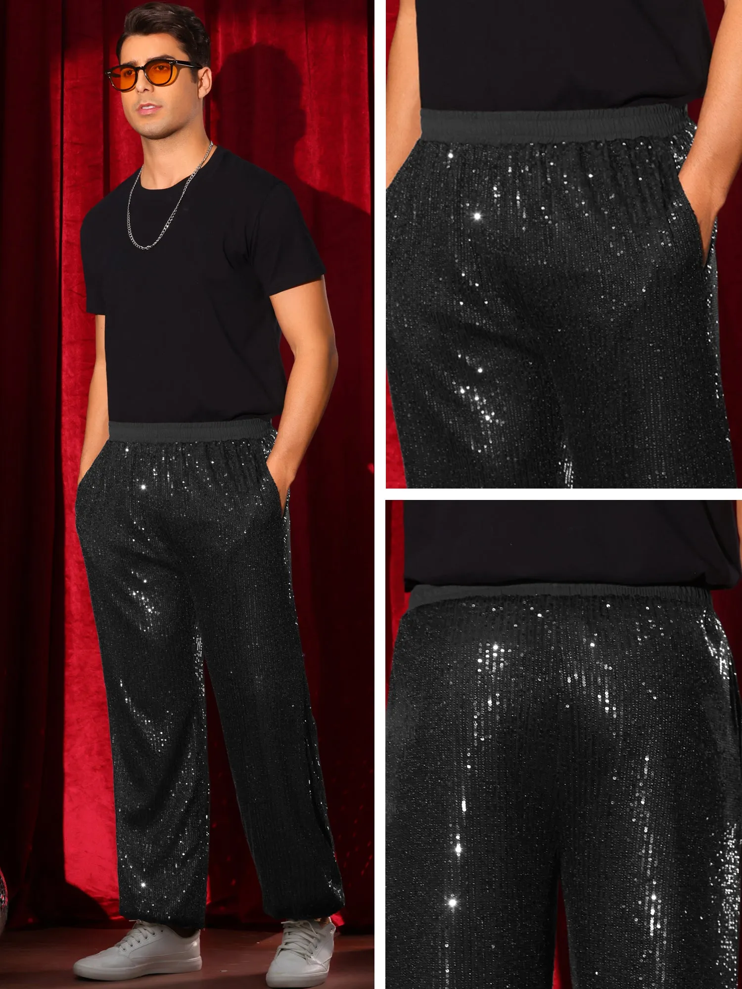 Sequin Pants for Men's Elastic Waist 70s Disco Costume Night Club Metallic Shiny Party Trousers