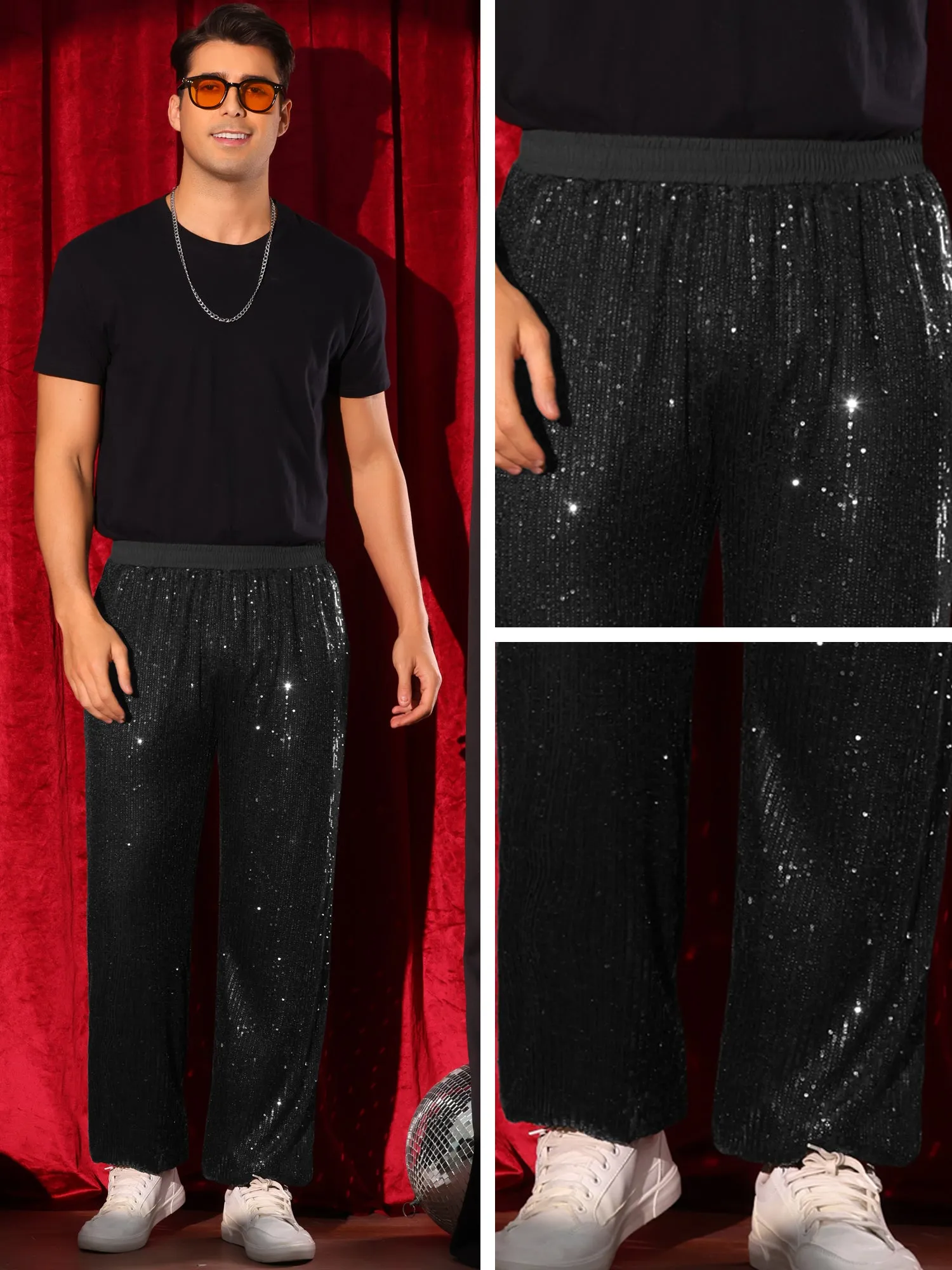 Sequin Pants for Men's Elastic Waist 70s Disco Costume Night Club Metallic Shiny Party Trousers