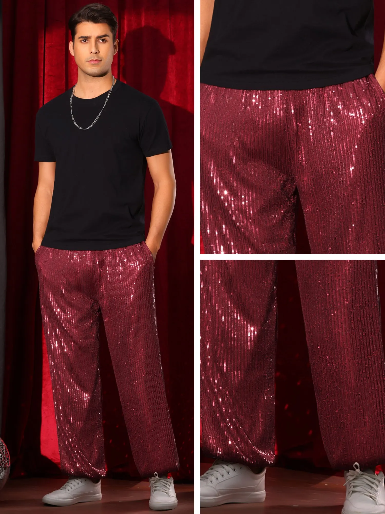 Sequin Pants for Men's Elastic Waist 70s Disco Costume Night Club Metallic Shiny Party Trousers