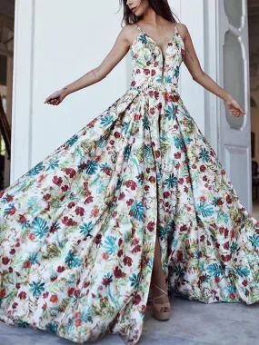 Sexy Deep Floral Printed Bohemian Maxi Evening Party Dresses